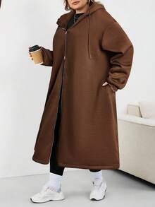 SHEIN CURVE+ 加大码女式长款连帽夹克外套，适合秋冬季女装，冬季，CURVE PLUS - 棕色 - 查看 4
