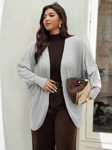 Vionelle Plus Size Women Elegant Gray Knit Blend Open Front Short Sleeve Cardigan