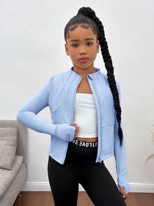 SHEIN Tween 女童拉链轻便运动夹克，修身运动外套，适合跑步、健身、瑜伽秋冬服装 Girlomen