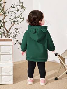 SHEIN Babygirl 可爱百搭 3D 耳朵连帽羊毛卫衣，秋冬 - 墨綠色 - 查看 2