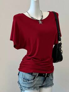 SHEIN EZwear Weinrotes gestricktes Damen Rundhals Fledermaus Kurzarm Raffung T-Shirt