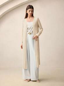 BizChic 女式秋季长款开衫毛衣，前开长袖针织中长外套，简约时尚办公室/商务休闲装 - 杏色 - 查看 6