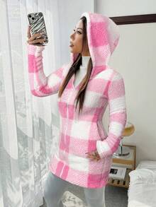 SHEIN EZwear 女士休闲格子连帽保暖外套，秋冬粉白外套，舒适秋季 - 粉色 - 查看 4