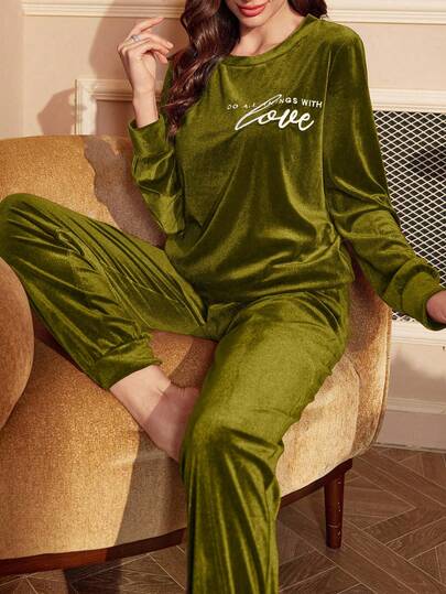 SHEIN Contrast Color Letter Embroidery Casual Velvet Sweatshirt And Pants Set, Cozy Outfit, Fall/Winter Clothes
