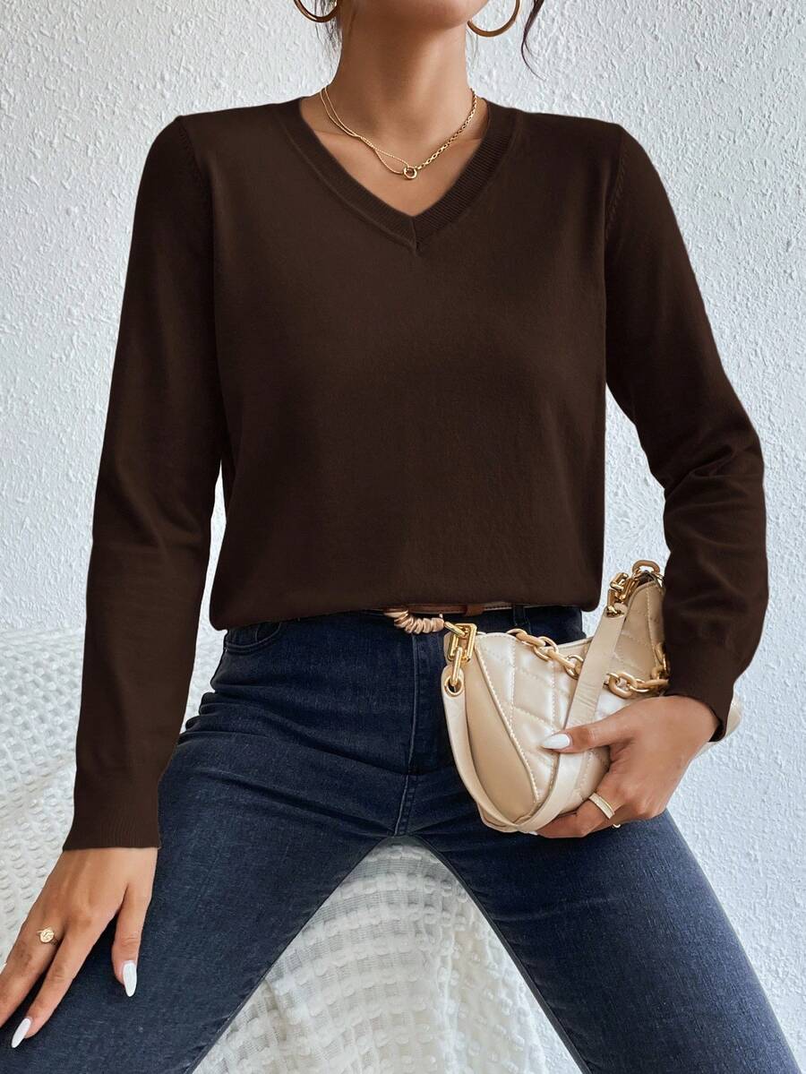 SHEIN Essnce 秋冬纯色V领上衣毛衣 - 咖啡棕 - 查看 1