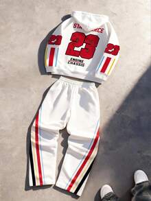 Manfinity EMRG Men's Letter Print Drawstring Hoodie And Straight Leg Pants Set, Autumn/Winter - Multicolor - View 2