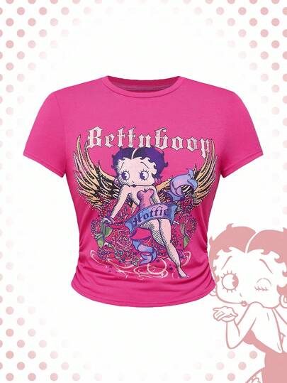 Betty Boop | ROMWE Maglietta a maniche corte aderente con stampa Bettie & Rose, taglie comode