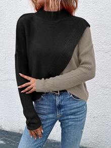 EMERY ROSE Women's Contrast Color Stand Collar Drop Shoulder Long Sleeve Casual Sweater, Autumn/Winter - Multicolor - View 3