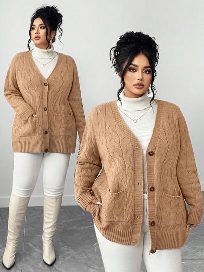 Elenzga 大码女式加厚针织抽绳 V 领休闲开衫，带纽扣和大口袋，纯色