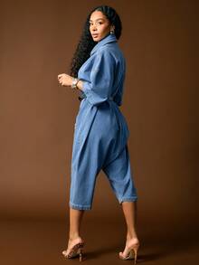 Vixey Mono de mezclilla con botones, caída de entrepierna y mangas cortas