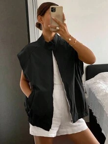 Livesso Women's Loose Fit Solid Color Zip-Up Jacket With Pockets,Fall Clothes Vest