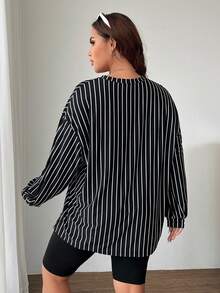 SHEIN EZwear Plus Size Women Letter Embroidery Striped Casual Long Sleeve T-Shirt Dress, Basic Loose Fit Plus Size Tee Top For Daily Commute, Sports, Campus