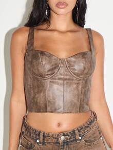 KIZN Distressed Faux Leather Corset Top Vintage Style Bustier Fitted Crop Tank With Back Zipper Detail Western Cowgirl Festival Wear - Brown - View 4