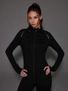 SHEIN Sports Damen Outdoor Athletik Jacke mit Reißverschluss und Daumenöffnungen - leichte Stretch Trainings-Jacke, Langarm Lauf- und Yoga Top - Schwarz - Übersicht 4