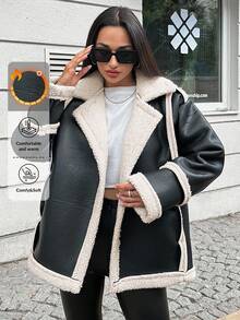 EURMUSE Teddy Lined Leather Look Coat - Black - View 1