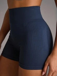 SHEIN BAE Seamless High Stretch Wide Waistband Sports Shorts Legging Shorts Blue ShortsWomen Sweat Short, Gym Short, Biker Short - Navy Blue - View 5