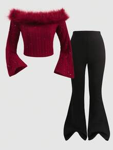 SHEIN Tween Girl Autumn/Winter Casual Elegant Off Shoulder Faux Fur Splice Flare Sleeve Fitted Ribbed Metallic Trim Cropped Top And Flare Pants Set, Burgundy Top And Black Flare Pants, 2pcs Christmas/New Year Outfit For Girls - Burgundy - View 3