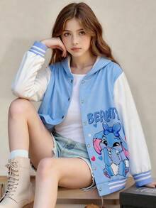 SHEIN Dziewczęca kurtka polarowa z kapturem, jednorzędowa, w swobodnym, sportowym stylu, z uroczym królikiem i nadrukiem liter, w kontrastowym kolorze, jesień/zima