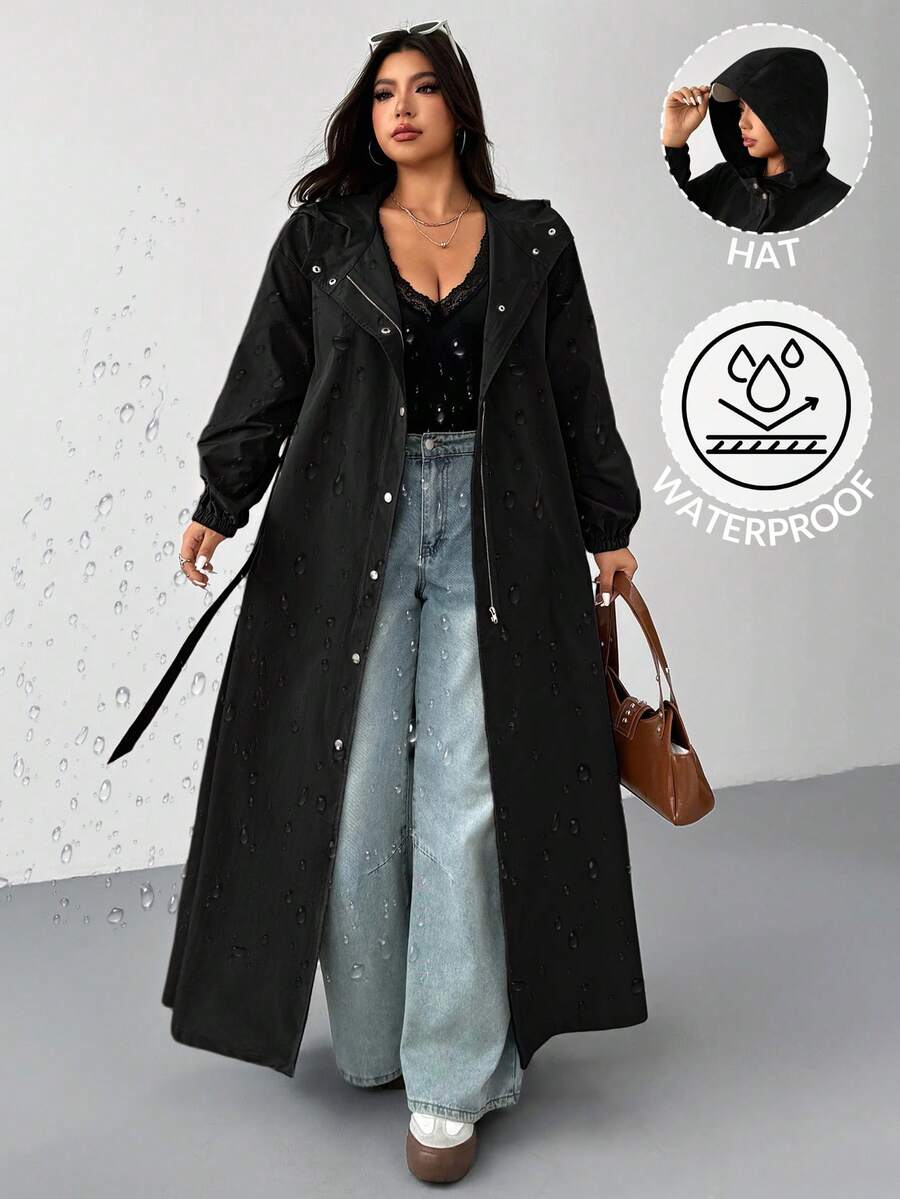 SHEIN EZwear Plus Size Hooded Water-Resistant Long Windbreaker, Autumn/Winter - Black - View 1