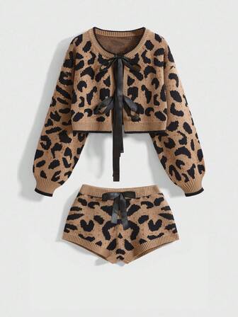 Kawaii Set de 2 suéteres de mujer con estampado de leopardo y decoración de moño
