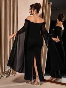 Cravure Plus Size Women's Off Shoulder Fur Collar Cape Sleeve Fitted Elegant Party Dress - Black - View 2