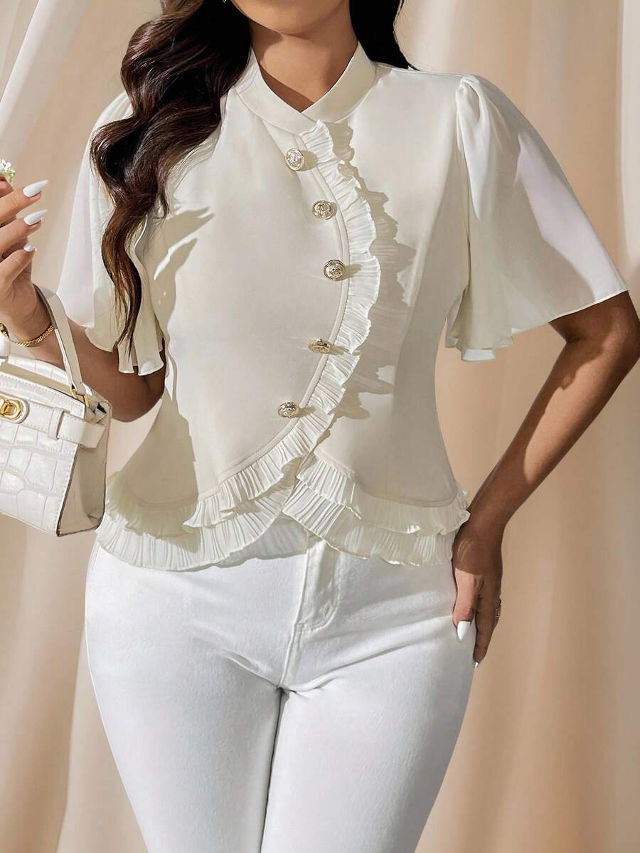Celure Große Größen Hemd mit Stehkragen, Plissee Rüschenärmel, Metallknöpfe dekoriertes elegantes Hemd mit gerüschtem Saum