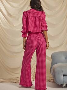 Aralina Sleepwear Christmas Thanksgiving Cosy 2pcs Plain Print Gingham Collared Tie Front Long Sleeve Button Down Shirt And Wide Leg Pant Sleep Pajama Set With Ruffle Detail, Cute Christmas Pajama Set Fall Winter Clothes Chic Bow Pajama Set Festival Outfits - Multicolor - View 2