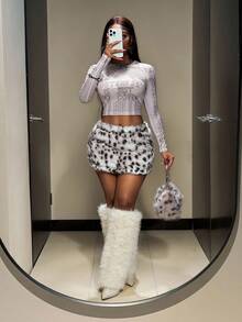 Slaydiva Women White Animal Print Autumn Streetwear Y2k Club 2-Piece Set,Long Sleeve Crew Neck Mesh Sheer Tee And Leopard Faux Fur Low Waist Mini Skirt Outfit - Multicolor - View 3