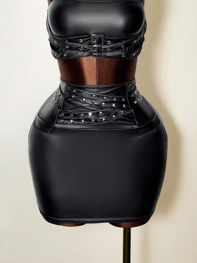 Mistrie 朋克铆钉摩托车仿 PU 皮革高腰修身迷你紧身裙，秋冬