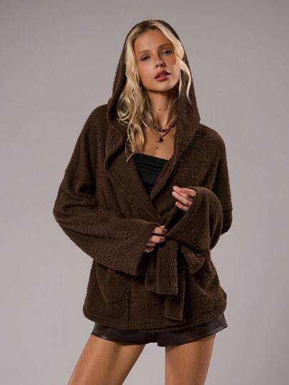 TRNVIE 1pc Women's Loose Fit Brown Hooded Coat, Open Front, Double Breasted, Cinched Waist Waist, Casual Style, Autumn/Winter