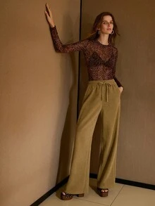 MOTF PREMIUM Pantalones rectos de cintura alta de chenilla, pantalones deportivos casuales para primavera, otoño e invierno - Caqui - Ver 5