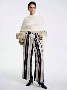 SHEIN LUNE 女士优雅纯色斗篷，宽松不对称下摆流苏针织毛衣，秋冬 - 杏色 - 查看 4