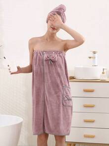 2pcs Women's Simple Applique Soft & Comfortable Bath Robe/Shower Cap Set, Practical & Multifunctional Bath Towel - Bean Paste Applique Skirt Suit - View 3