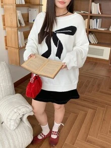 Dazy Plus Fashionable Loose Fit Bow Jacquard Scoop Neck Drop Shoulder Sweater For Young Women, Autumn/Winter - White - View 5