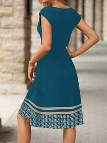 Ellevyn 优雅通勤极简印花拼布连衣裙，适合日常穿着