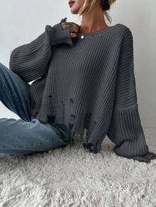 EURMUSE Damski jednolity kolor, obniżone ramiona, długi rękaw, luźny, swobodny sweter, jesień/zima