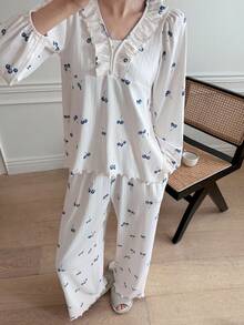 DAZY 可爱水果图案荷叶边女士睡衣套装，秋冬服装 - 白色 - 查看 4