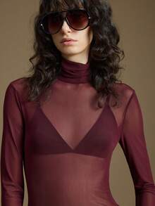 Ontre 2026春夏新款女士透视网纱高领上衣，简约百搭商务休闲办公服饰 - 中紫紅色 - 查看 5