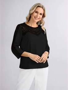 Miaspire 定制花卉领口拼接女士休闲度假衬衫，春夏母亲节礼物，黑色上衣 - 黑色 - 查看 6