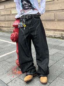 Manfinity EMRG Herren Streetwear Grafik Design Weite Bein Jeans gestapelt, Grunge