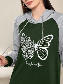 Modelyn Women's Casual Everyday Commute Butterfly & Floral Letter Print Color Block Raglan Sleeve Drawstring Hooded Loose Sweatshirt Dress, Spring/Autumn - Multicolor - View 5