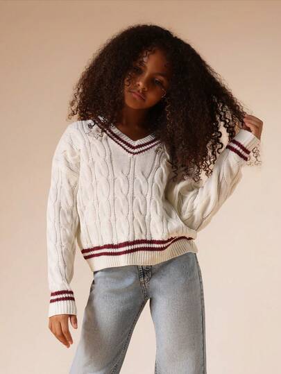 SUMWON Suéter de punto de cable clásico, estilo universitario de invierno, uniforme escolar para adolescentes, cuello en V, casual, de cricket y tenis, de manga larga, de punto