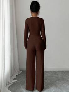 Elenzga Women Dark Brown 2 Pieces Set,Elegant Double-Breasted Fitted Blazer & High Waist Straight Leg Pants,Fall Winter Birthday Party Commuter Style Outfits - Brown - View 2