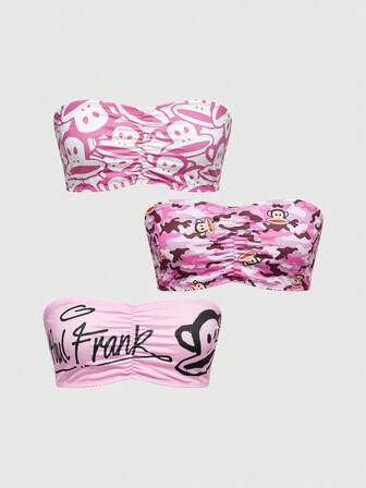 Paul Frank X ROMWE 3 pièces Brassière sans fil plissée avec imprimé singe