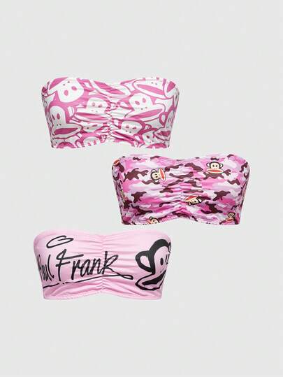 Paul Frank X ROMWE 3 pezzi Reggiseno a fascia senza ferretto con stampa di scimmia plissettata