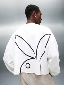 PLAYBOY X SUMWON Raw Edge Cropped Sweatshirt With Drop Shoulder Long Sleeve Ribbed Cuff Casual Loungewear Pullover Fall Winter Streetwear