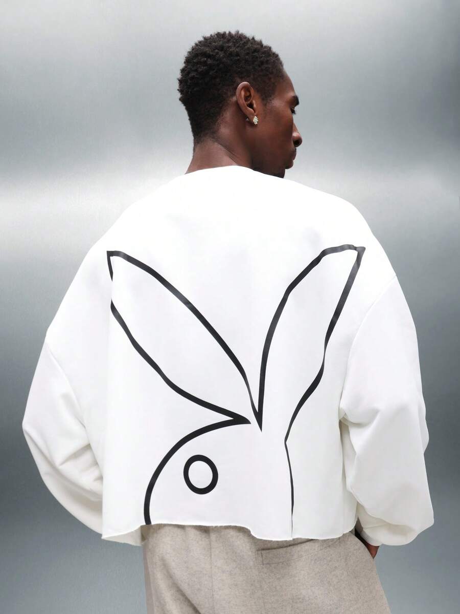 PLAYBOY X SUMWON Raw Edge Cropped Sweatshirt With Drop Shoulder Long Sleeve Ribbed Cuff Casual Loungewear Pullover Fall Winter Streetwear