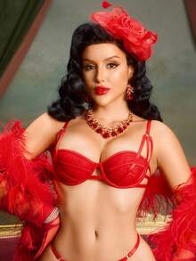 PinupPomp Red Underwire Padded Bra With High Support, Gathering, Ribbon Decor, Lace Patchwork, 1/2 Cup, Restraint, Women's Lingerie - Red - View 4