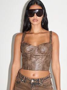 KIZN Distressed Faux Leather Corset Top Vintage Style Bustier Fitted Crop Tank With Back Zipper Detail Western Cowgirl Festival Wear - Brown - View 1