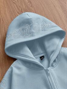 SWAVVY 男士针织休闲宽松英式刺绣长袖连帽衫，秋冬 - 霧霾藍 - 查看 4